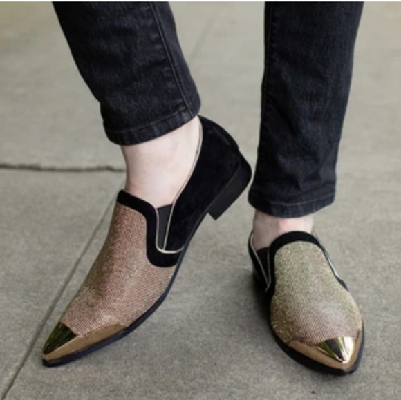 Parrazo Black Velvet & Gold Rhinestone Smoking Loafers With Gold Tip - Picture 1 of 7